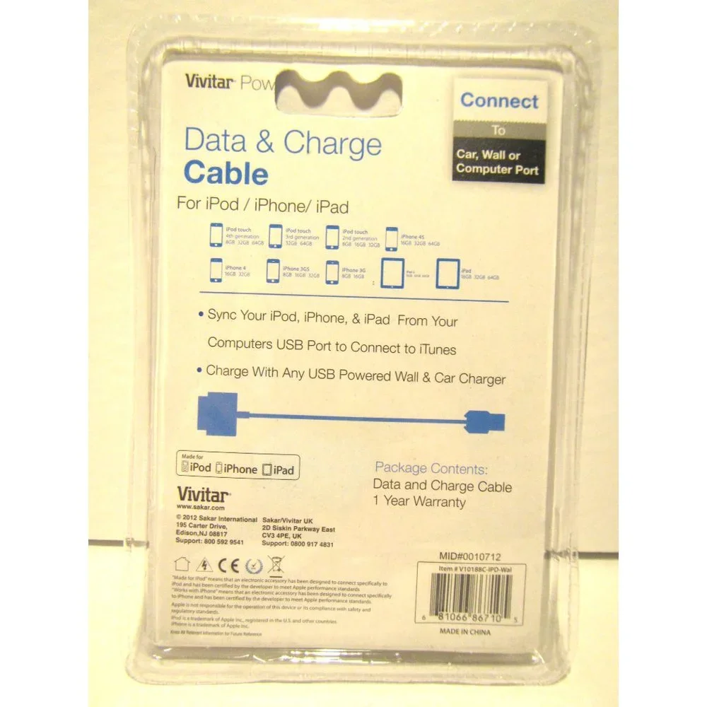 Vivitar Power - USB Sync/Charge Cable - White for iPod iPhone iPad V10188C-IPD